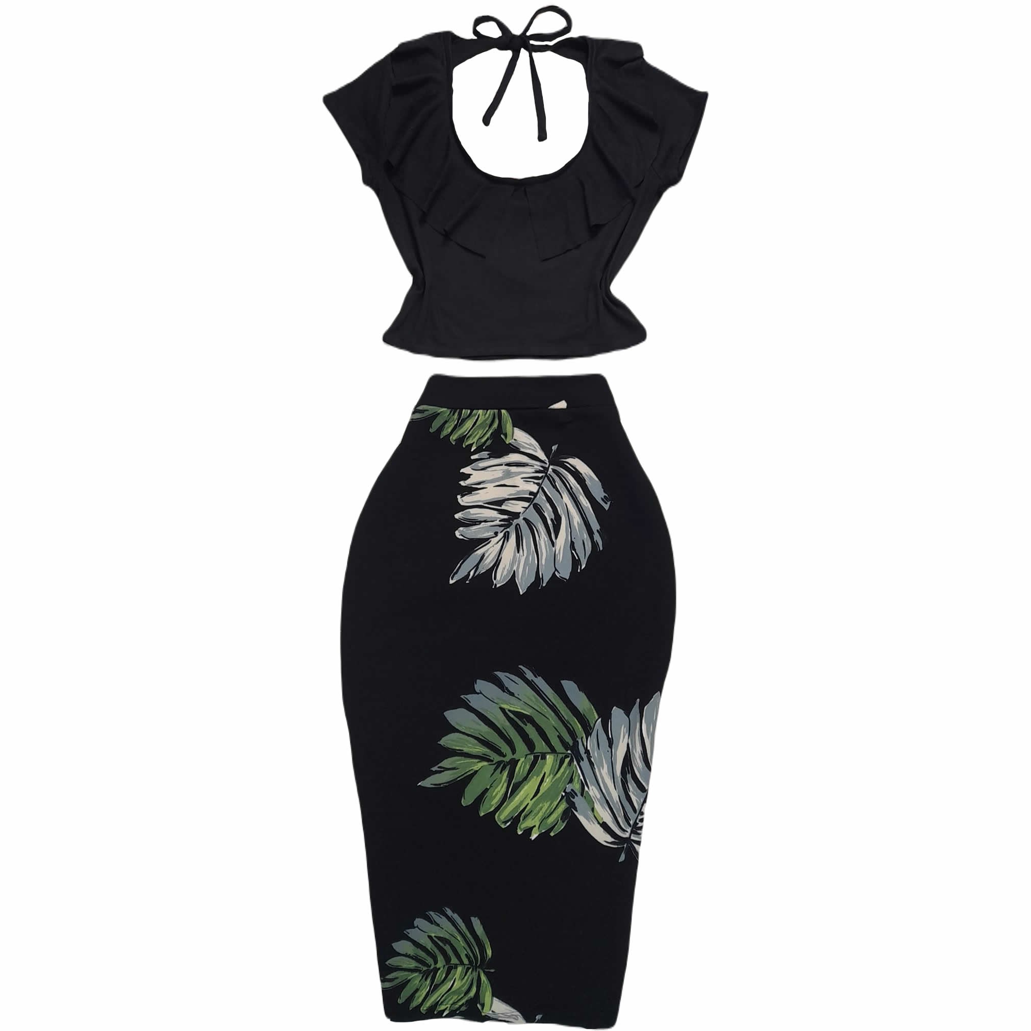 Ruffles Crew Neck Long Sleeve Blouse And Floral Pencil Skirt